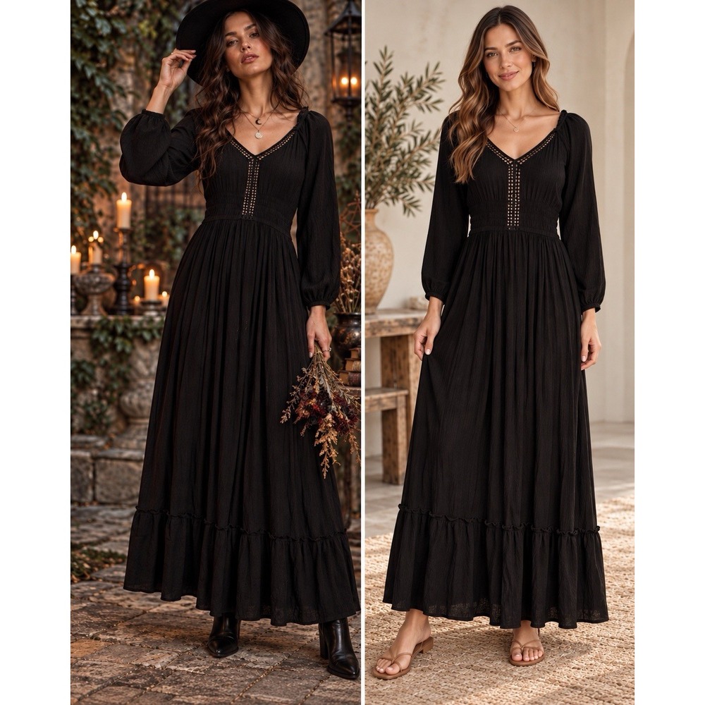 Black Witchy Boho Maxi Dress M Crochet Trim Smocked Waist Long Sleeve Gothic